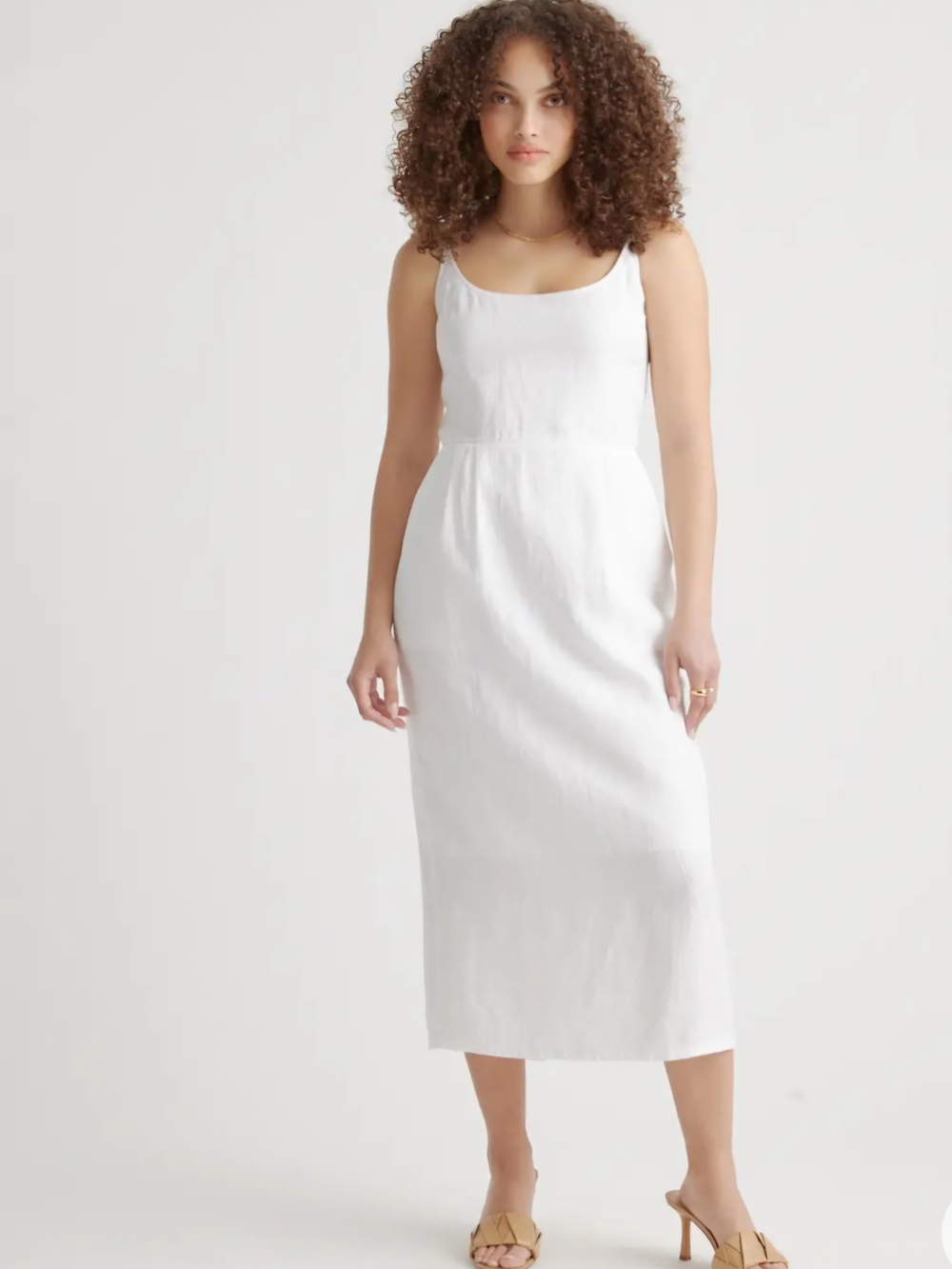 Quince White Linen Sleeveless Square-Neck Midi Dress